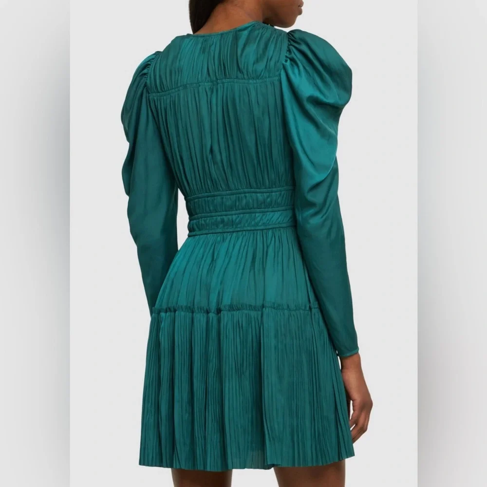 ULLA JOHNSON Lu Bow-Detailed Pleated Satin Mini Dress in Green sz US 0 NWT 590$ - Picture 5 of 14